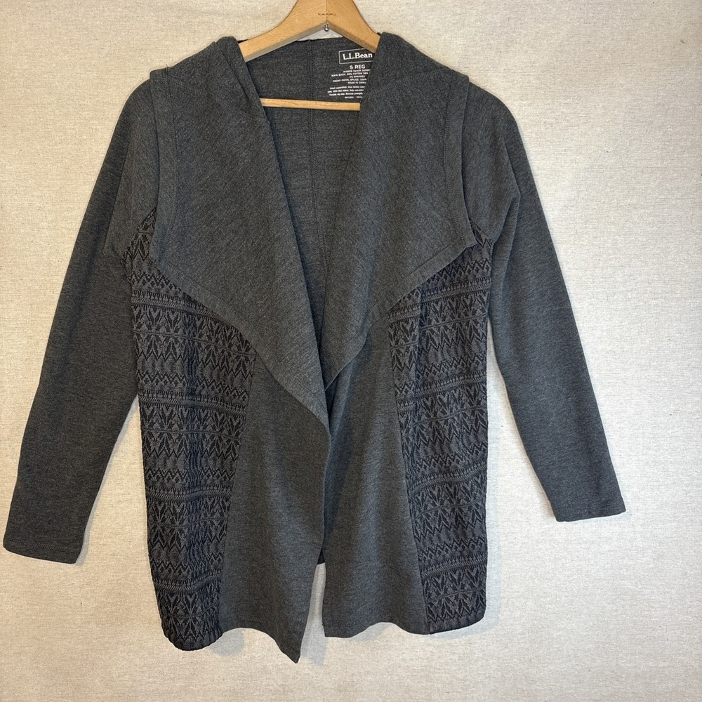 LL‎ Bean Womens Open Waterfall Cardigan Small Pockets Hooded Fair Isle Gray Cozy